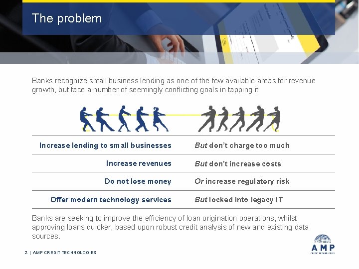 The problem Banks recognize small business lending as one of the few available areas