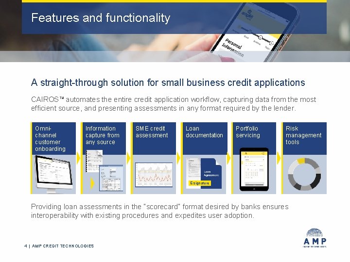 Features and functionality A straight-through solution for small business credit applications CAIROSTM automates the