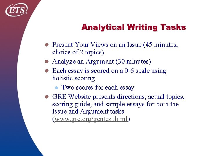 Analytical Writing Tasks Present Your Views on an Issue (45 minutes, choice of 2 Analytical Writing Tasks Present Your Views on an Issue (45 minutes, choice of 2