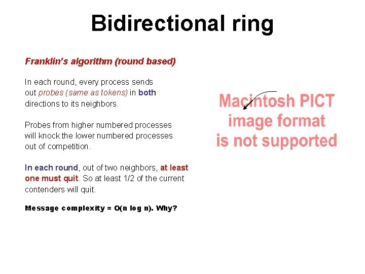 Bidirectional ring Franklin’s algorithm (round based) In each round, every process sends out probes