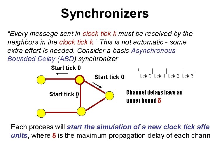 Synchronizers “Every message sent in clock tick k must be received by the neighbors