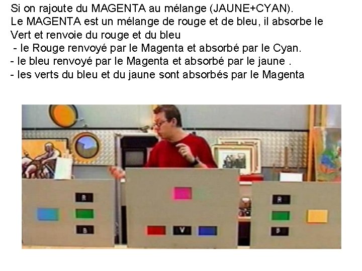 Si on rajoute du MAGENTA au mélange (JAUNE+CYAN). Le MAGENTA est un mélange de