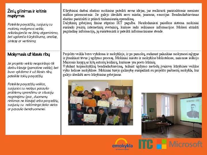 Žinių gilinimas ir kritinis mąstymas Pateikite pavyzdžių, susijusių su mokinių mokymosi veikla, reikalaujančia ne