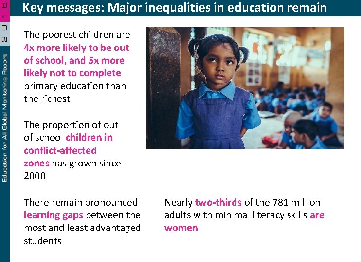 Key messages: Major inequalities in education remain The poorest children are 4 x more