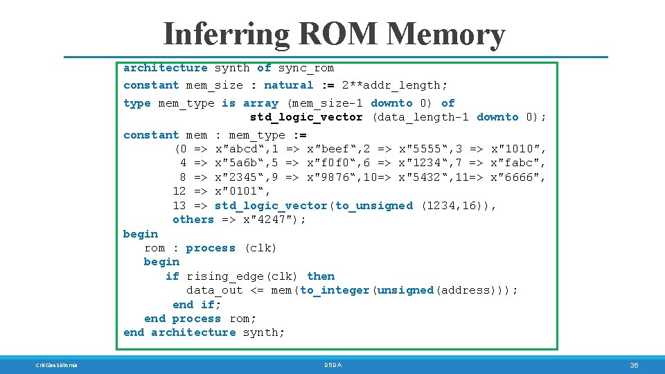 Inferring ROM Memory architecture synth of sync_rom constant mem_size : natural : = 2**addr_length;