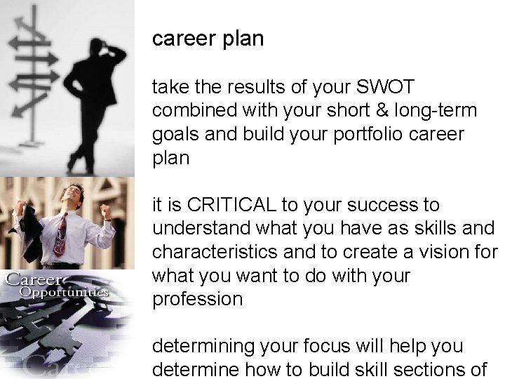 career plan take the results of your SWOT combined with your short & long-term