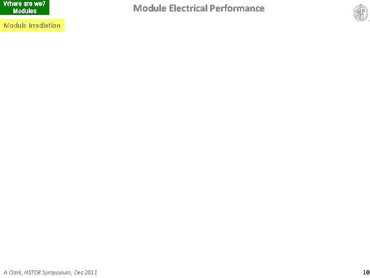 Where are we? Modules Module Electrical Performance Module Irradiation A Clark, HSTD 8 Symposium,