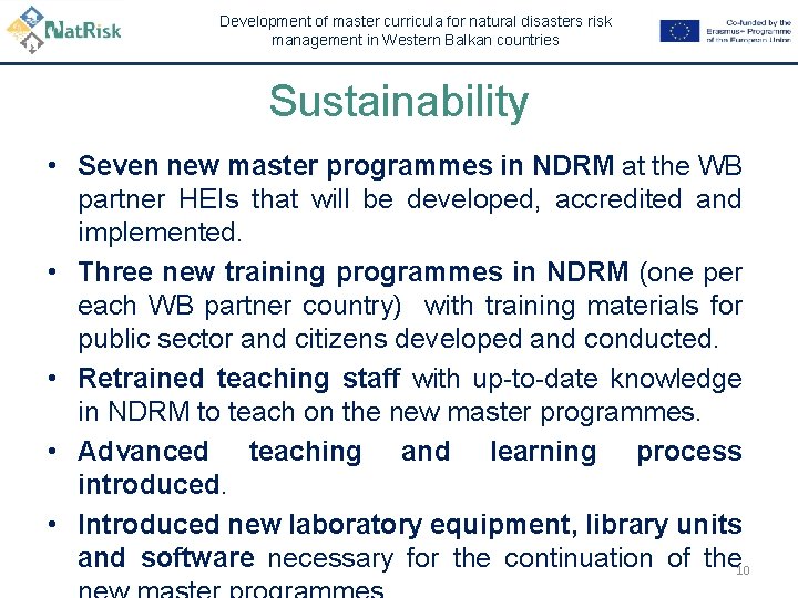 Development of master curricula for natural disasters risk management in Western Balkan countries Sustainability