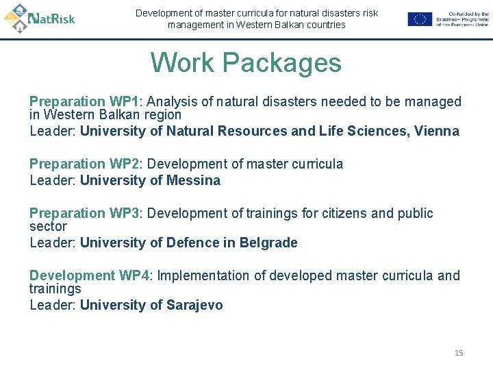 Development of master curricula for natural disasters risk management in Western Balkan countries Work