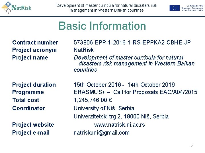 Development of master curricula for natural disasters risk management in Western Balkan countries Basic