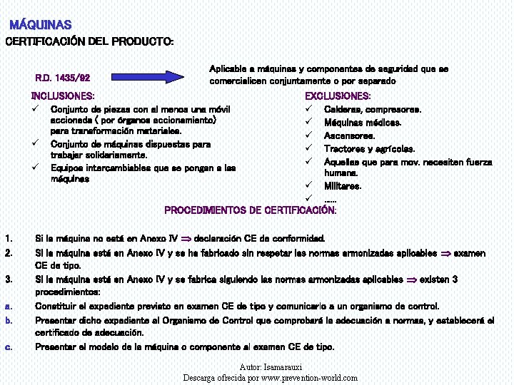 MÁQUINAS CERTIFICACIÓN DEL PRODUCTO: R. D. 1435/92 Aplicable a máquinas y componentes de seguridad