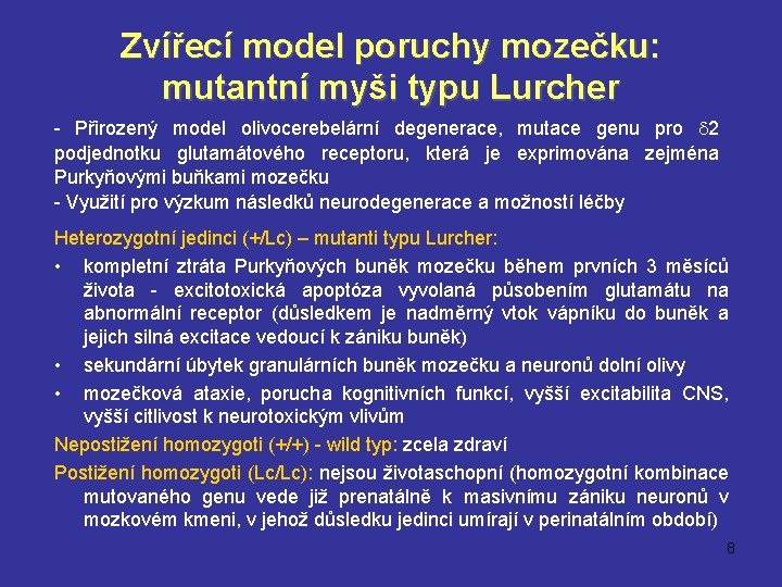 Zvířecí model poruchy mozečku: mutantní myši typu Lurcher - Přirozený model olivocerebelární degenerace, mutace