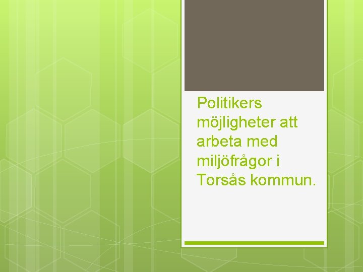 Politikers möjligheter att arbeta med miljöfrågor i Torsås kommun. 