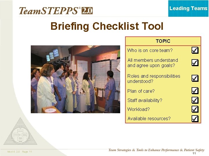 Leading Teams Briefing Checklist Tool TOPIC Who is on core team? All members understand