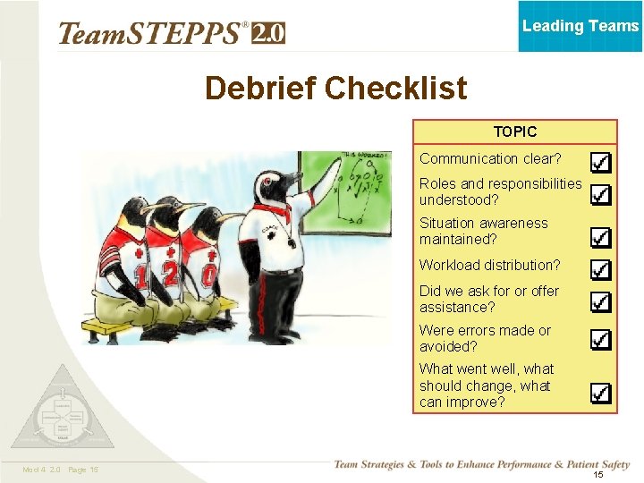 Leading Teams Debrief Checklist TOPIC Communication clear? Roles and responsibilities understood? Situation awareness maintained? Leading Teams Debrief Checklist TOPIC Communication clear? Roles and responsibilities understood? Situation awareness maintained?