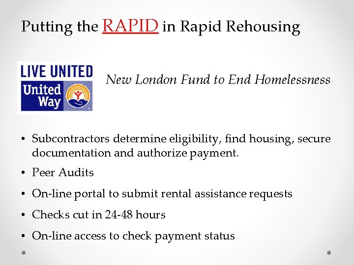 Putting the RAPID in Rapid Rehousing New London Fund to End Homelessness • Subcontractors