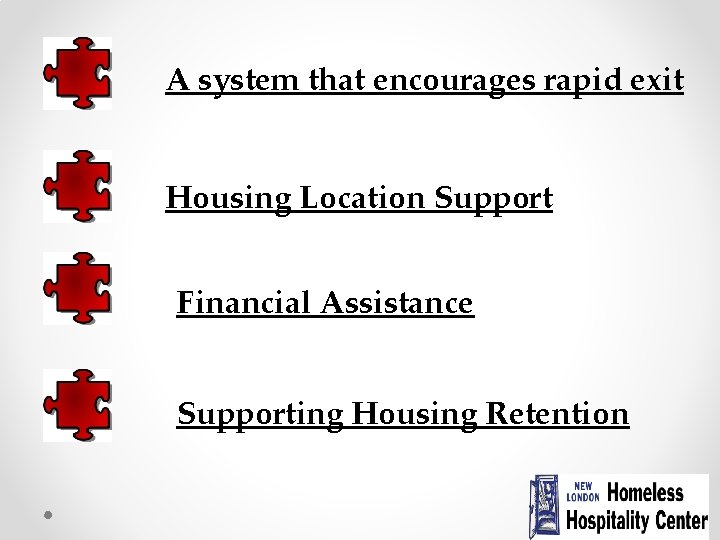 A system that encourages rapid exit Housing Location Support Financial Assistance Supporting Housing Retention
