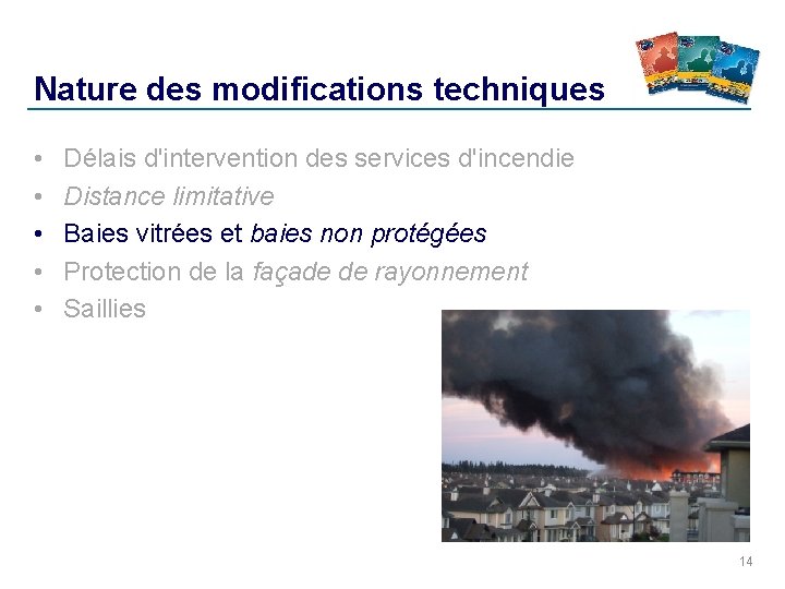 Nature des modifications techniques • • • Délais d'intervention des services d'incendie Distance limitative Nature des modifications techniques • • • Délais d'intervention des services d'incendie Distance limitative