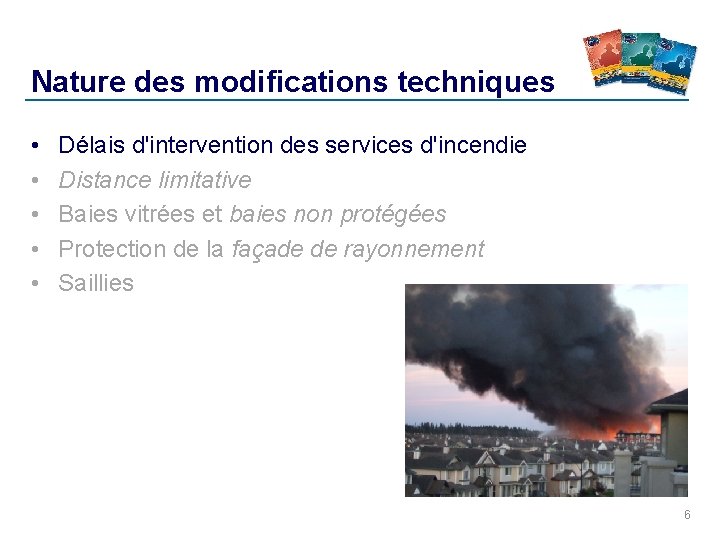 Nature des modifications techniques • • • Délais d'intervention des services d'incendie Distance limitative Nature des modifications techniques • • • Délais d'intervention des services d'incendie Distance limitative