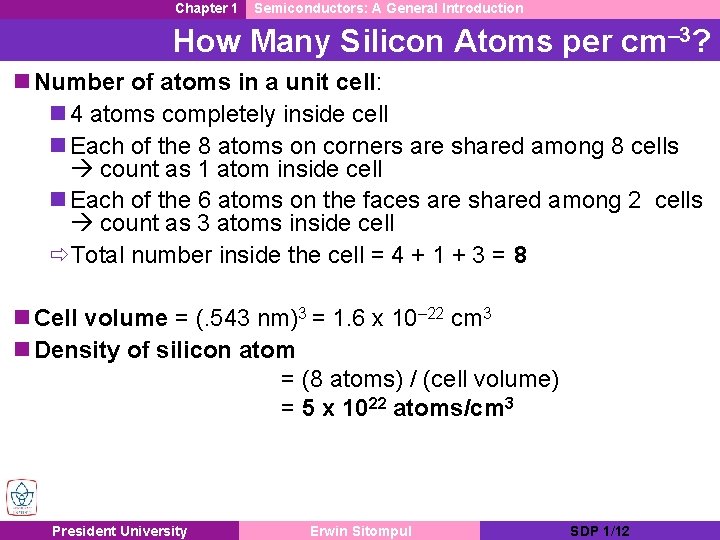 Chapter 1 Semiconductors: A General Introduction How Many Silicon Atoms per cm– 3? n