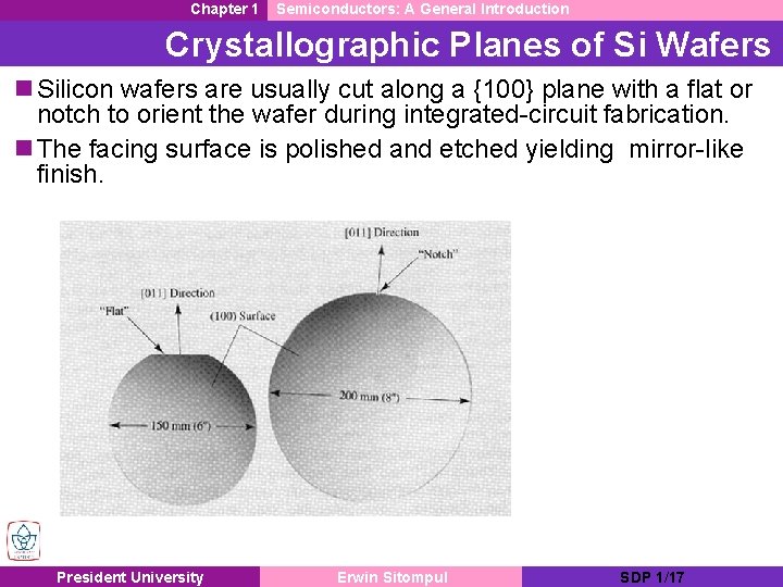 Chapter 1 Semiconductors: A General Introduction Crystallographic Planes of Si Wafers n Silicon wafers
