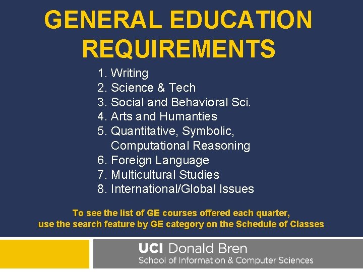 GENERAL EDUCATION REQUIREMENTS 1. Writing 2. Science & Tech 3. Social and Behavioral Sci.