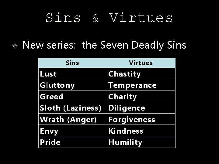 Sins & Virtues New series: the Seven Deadly Sins Virtues Lust Chastity Gluttony Temperance