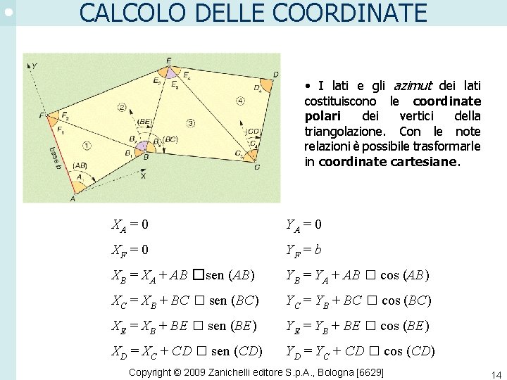 CALCOLO DELLE COORDINATE • I lati e gli azimut dei lati costituiscono le coordinate