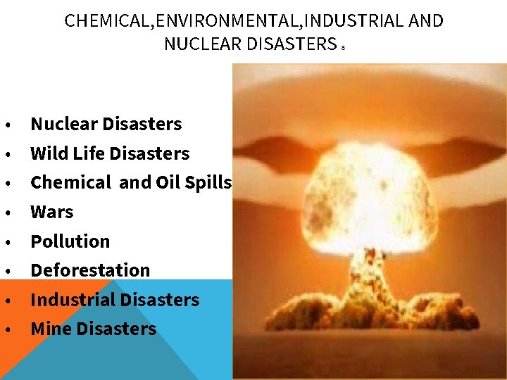 CHEMICAL, ENVIRONMENTAL, INDUSTRIAL AND NUCLEAR DISASTERS 8 • • Nuclear Disasters Wild Life Disasters