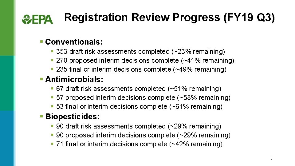 Registration Review Progress (FY 19 Q 3) § Conventionals: § 353 draft risk assessments