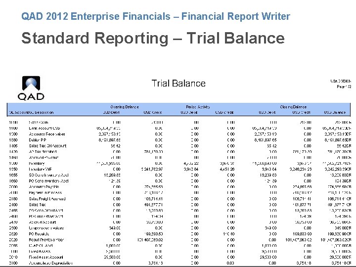 QAD 2012 Enterprise Financials – Financial Report Writer Standard Reporting – Trial Balance 11