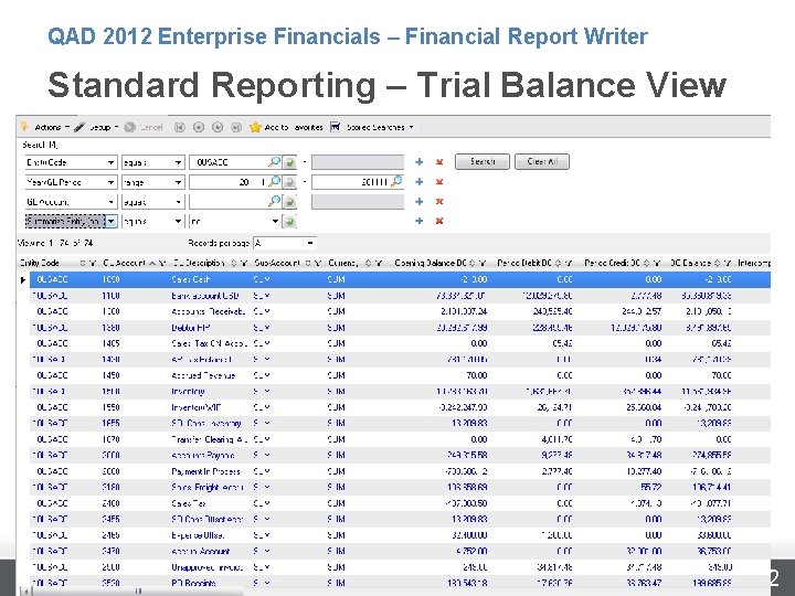 QAD 2012 Enterprise Financials – Financial Report Writer Standard Reporting – Trial Balance View