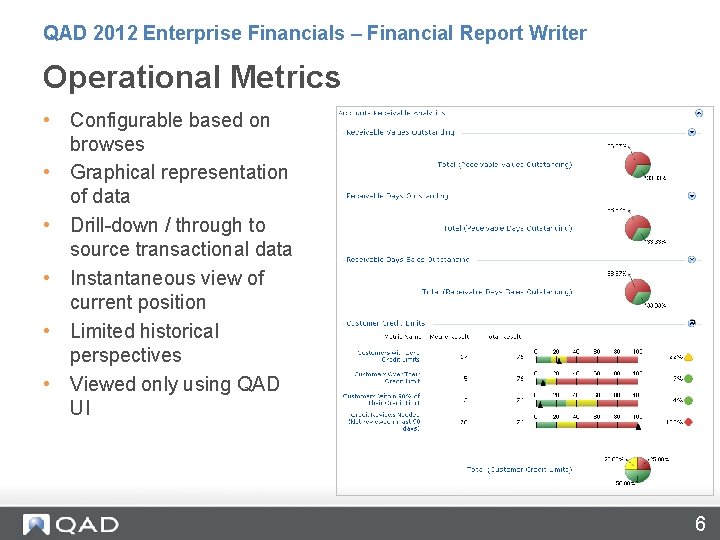 QAD 2012 Enterprise Financials – Financial Report Writer Operational Metrics • Configurable based on