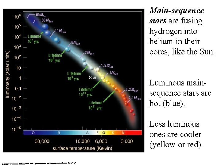 Main-sequence stars are fusing hydrogen into helium in their cores, like the Sun. Luminous