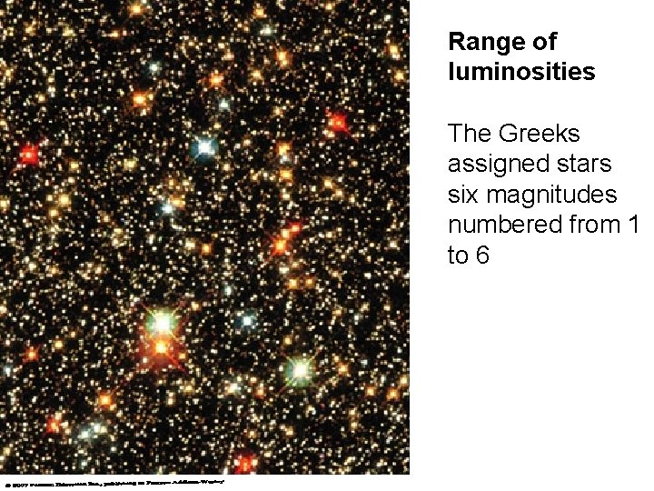 Range of luminosities The Greeks assigned stars six magnitudes numbered from 1 to 6 Range of luminosities The Greeks assigned stars six magnitudes numbered from 1 to 6