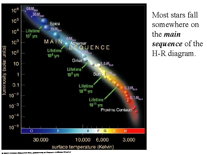 Most stars fall somewhere on the main sequence of the H-R diagram. 