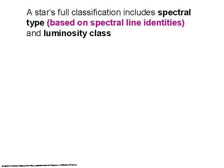 A star’s full classification includes spectral type (based on spectral line identities) and luminosity