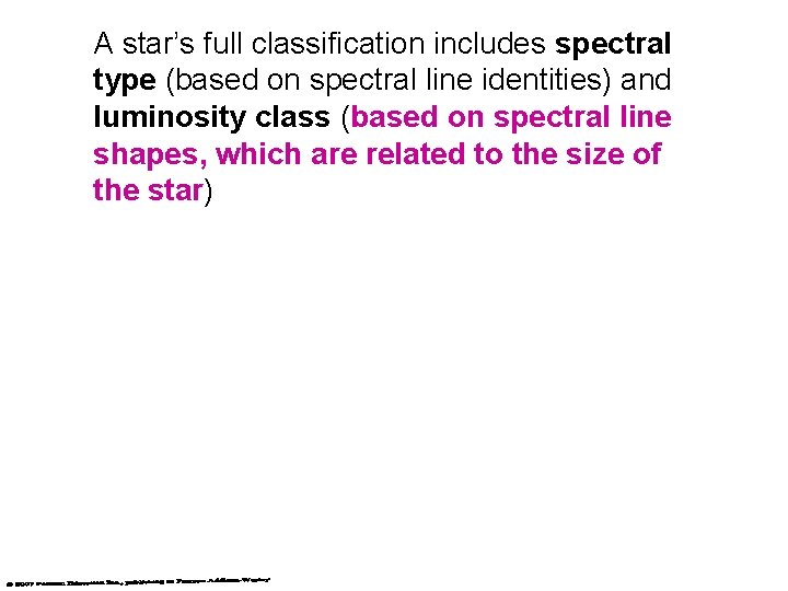 A star’s full classification includes spectral type (based on spectral line identities) and luminosity