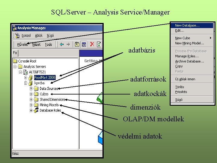 SQL/Server – Analysis Service/Manager adatbázis adatforrások adatkockák dimenziók OLAP/DM modellek védelmi adatok 