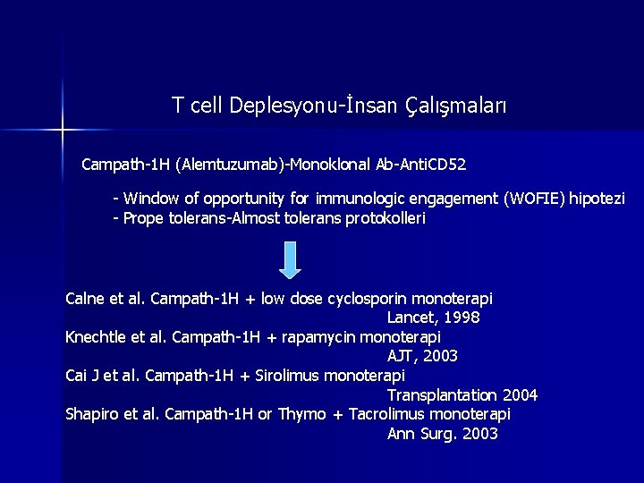 T cell Deplesyonu-İnsan Çalışmaları Campath-1 H (Alemtuzumab)-Monoklonal Ab-Anti. CD 52 - Window of opportunity T cell Deplesyonu-İnsan Çalışmaları Campath-1 H (Alemtuzumab)-Monoklonal Ab-Anti. CD 52 - Window of opportunity