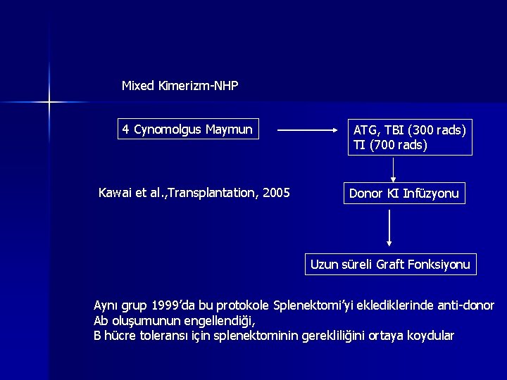 Mixed Kimerizm-NHP 4 Cynomolgus Maymun Kawai et al. , Transplantation, 2005 ATG, TBI (300 Mixed Kimerizm-NHP 4 Cynomolgus Maymun Kawai et al. , Transplantation, 2005 ATG, TBI (300