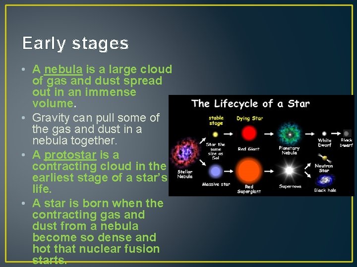 Early stages • A nebula is a large cloud of gas and dust spread