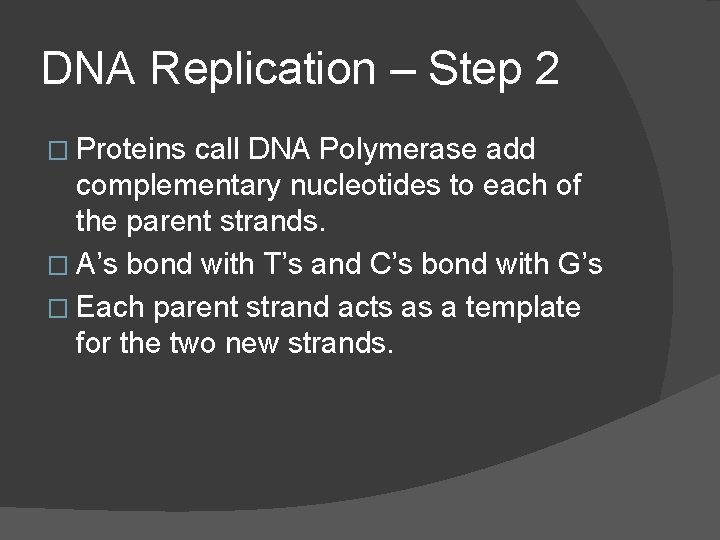 DNA Replication – Step 2 � Proteins call DNA Polymerase add complementary nucleotides to