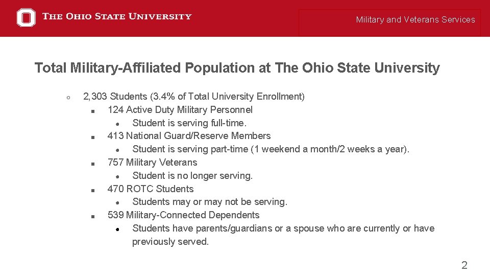 Military and Veterans Services Total Military-Affiliated Population at The Ohio State University ○ 2,