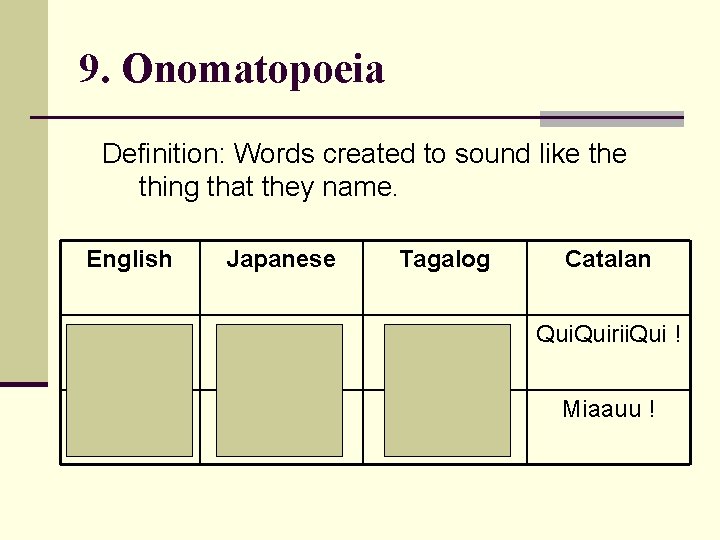 9. Onomatopoeia Definition: Words created to sound like thing that they name. English Japanese 9. Onomatopoeia Definition: Words created to sound like thing that they name. English Japanese