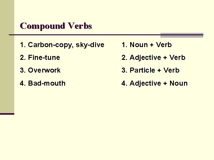 Compound Verbs 1. Carbon-copy, sky-dive 1. Noun + Verb 2. Fine-tune 2. Adjective + Compound Verbs 1. Carbon-copy, sky-dive 1. Noun + Verb 2. Fine-tune 2. Adjective +