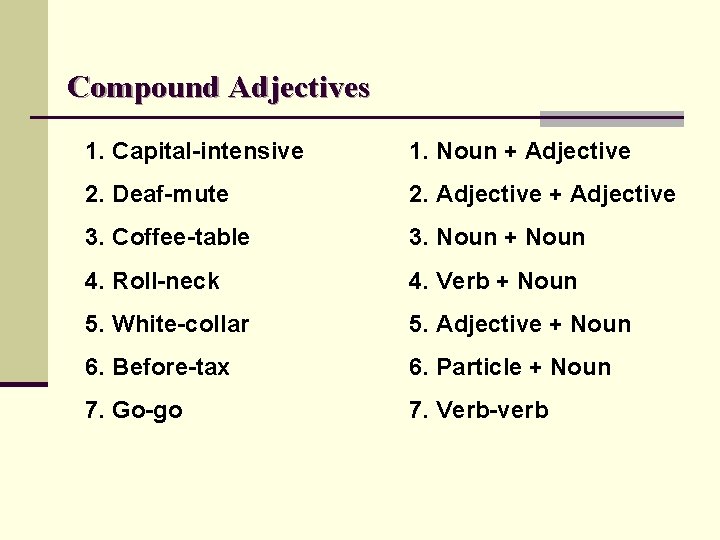Compound Adjectives 1. Capital-intensive 1. Noun + Adjective 2. Deaf-mute 2. Adjective + Adjective Compound Adjectives 1. Capital-intensive 1. Noun + Adjective 2. Deaf-mute 2. Adjective + Adjective