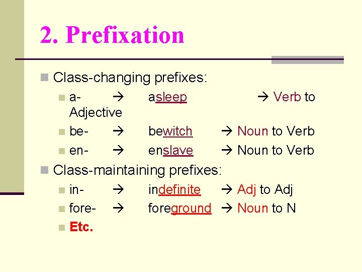 2. Prefixation n Class-changing prefixes: n a asleep Adjective n be bewitch n en 2. Prefixation n Class-changing prefixes: n a asleep Adjective n be bewitch n en