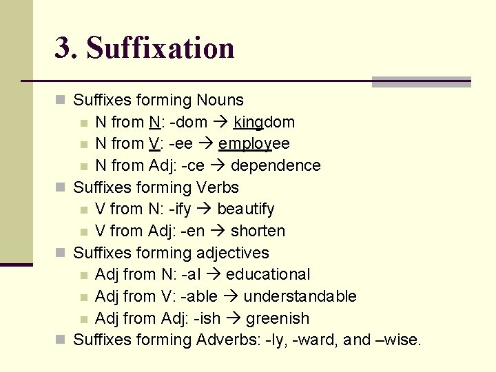 3. Suffixation n Suffixes forming Nouns N from N: -dom kingdom n N from 3. Suffixation n Suffixes forming Nouns N from N: -dom kingdom n N from