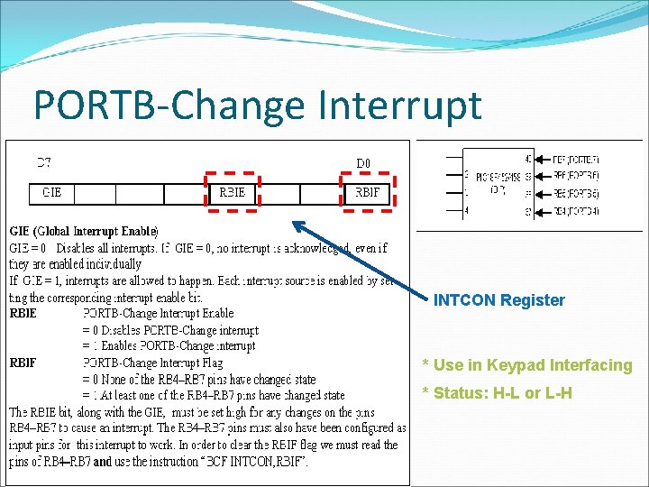 PORTB-Change Interrupt INTCON Register * Use in Keypad Interfacing * Status: H-L or L-H